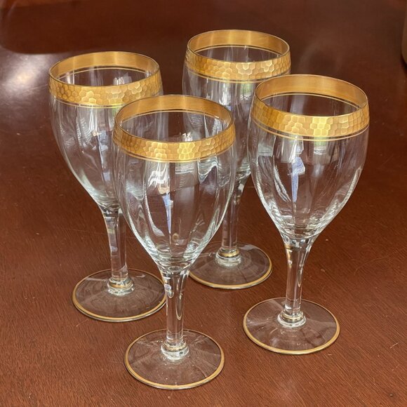 4 Vintage Hammered Gold Band Rim Wine Water Goblets Glasses Mid-Century MCM - Picture 1 of 7